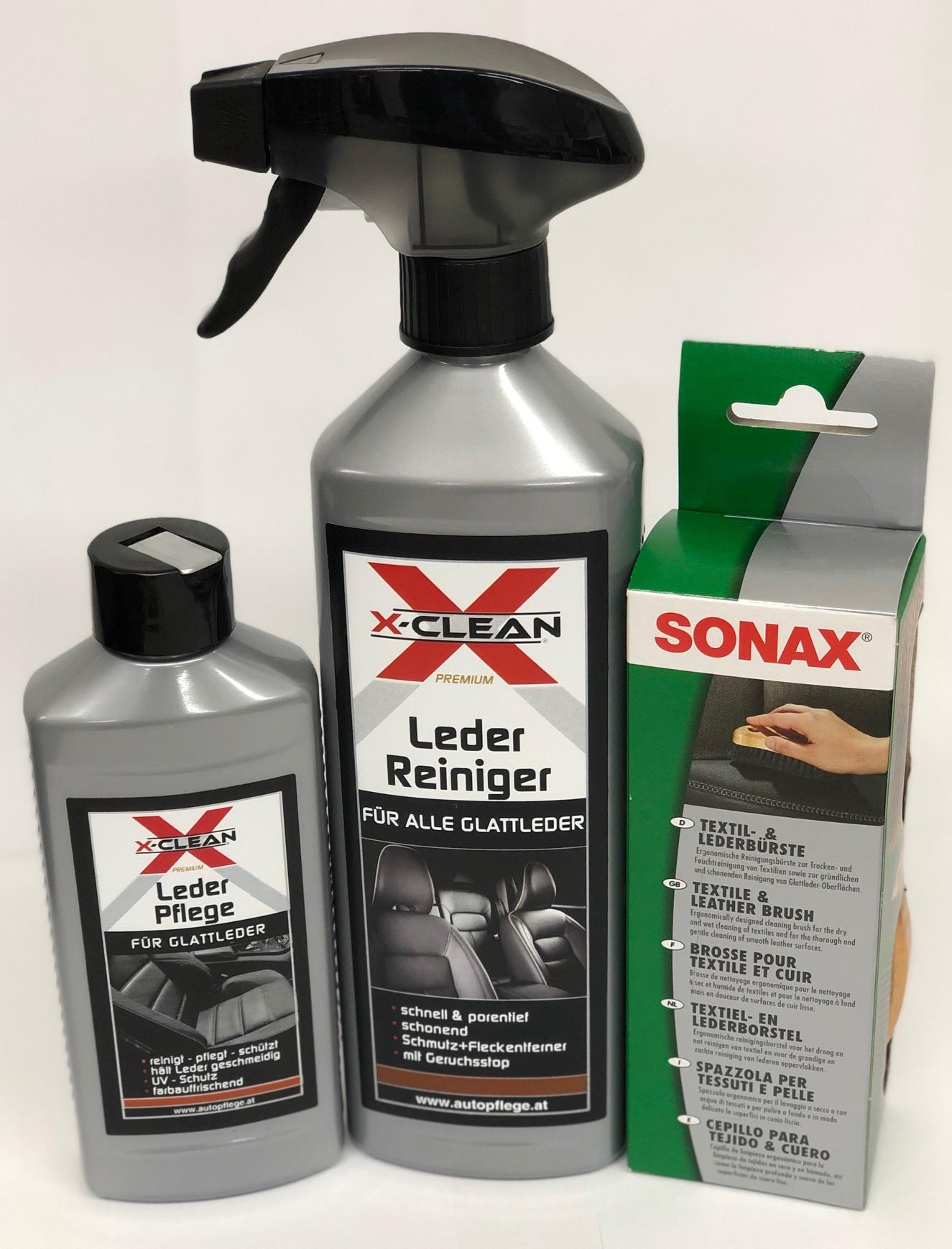 Lederpflege-Set (250ml X-clean Lederpflege, 500ml X-clean Lederreiniger,  Sonax Textil- und Lederbürste)